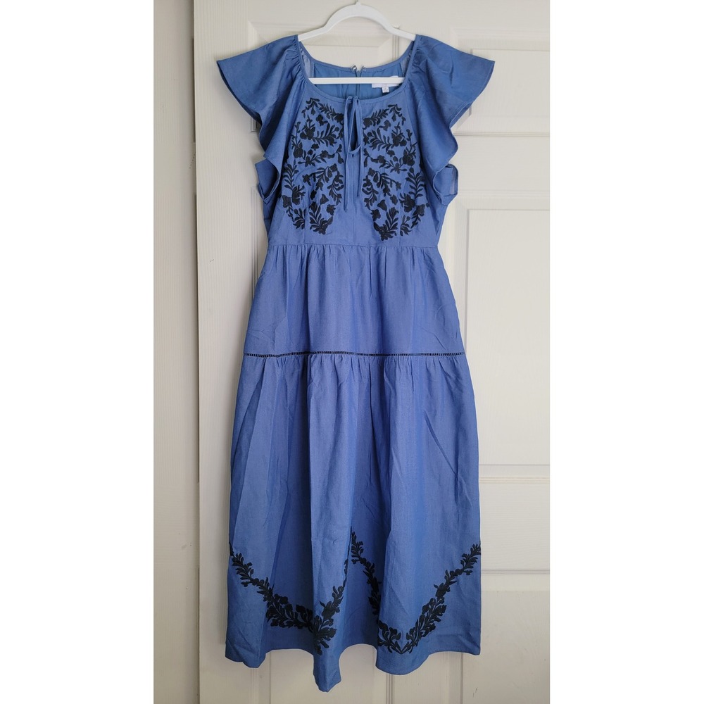 NWT Lost + Wander Riviera Midi Dress Blue Embroidered A-line Tiered Pocket Small - Picture 9 of 16
